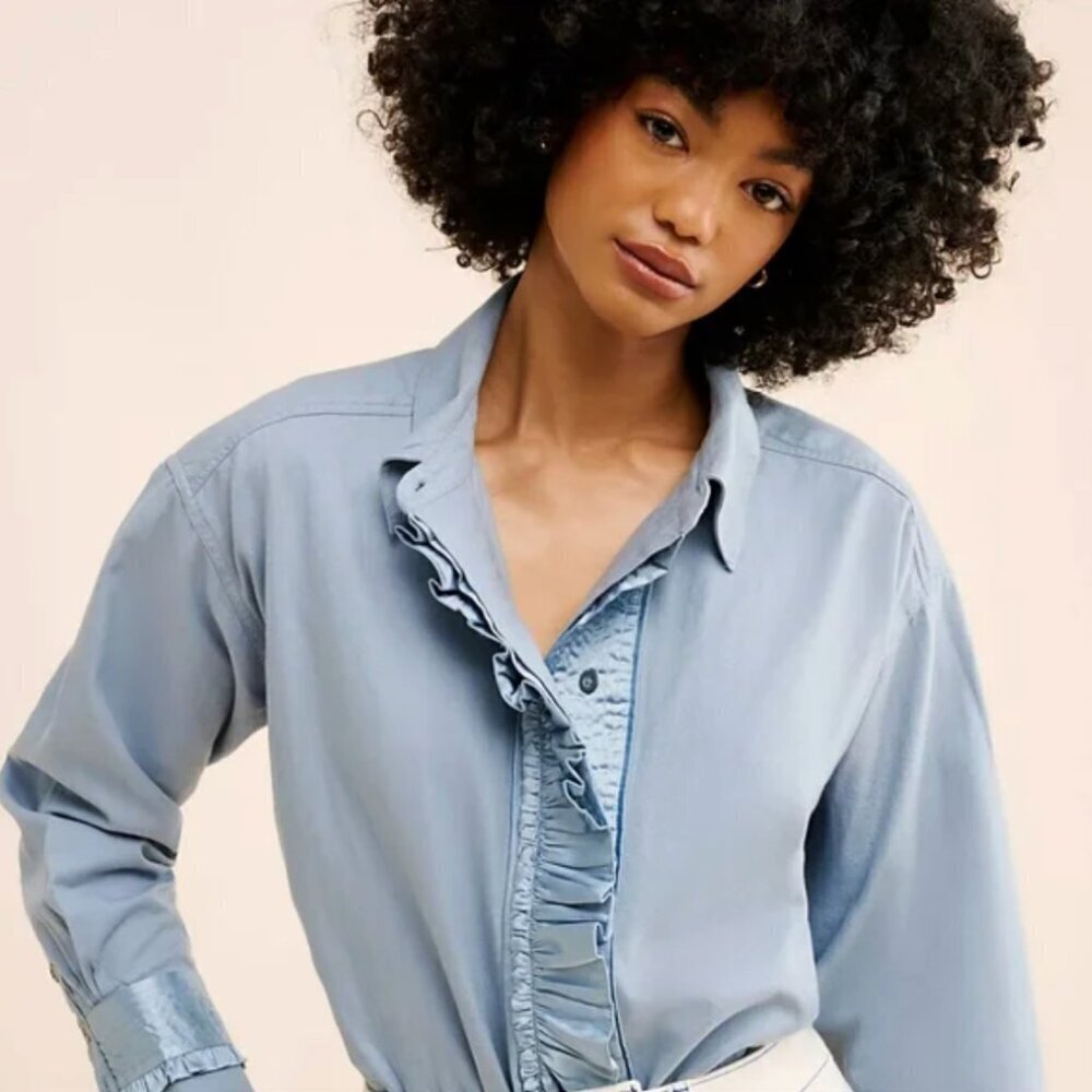 We The Free People NWT Night Moves Button Down Ruffle Shirt, Blue Motif, S